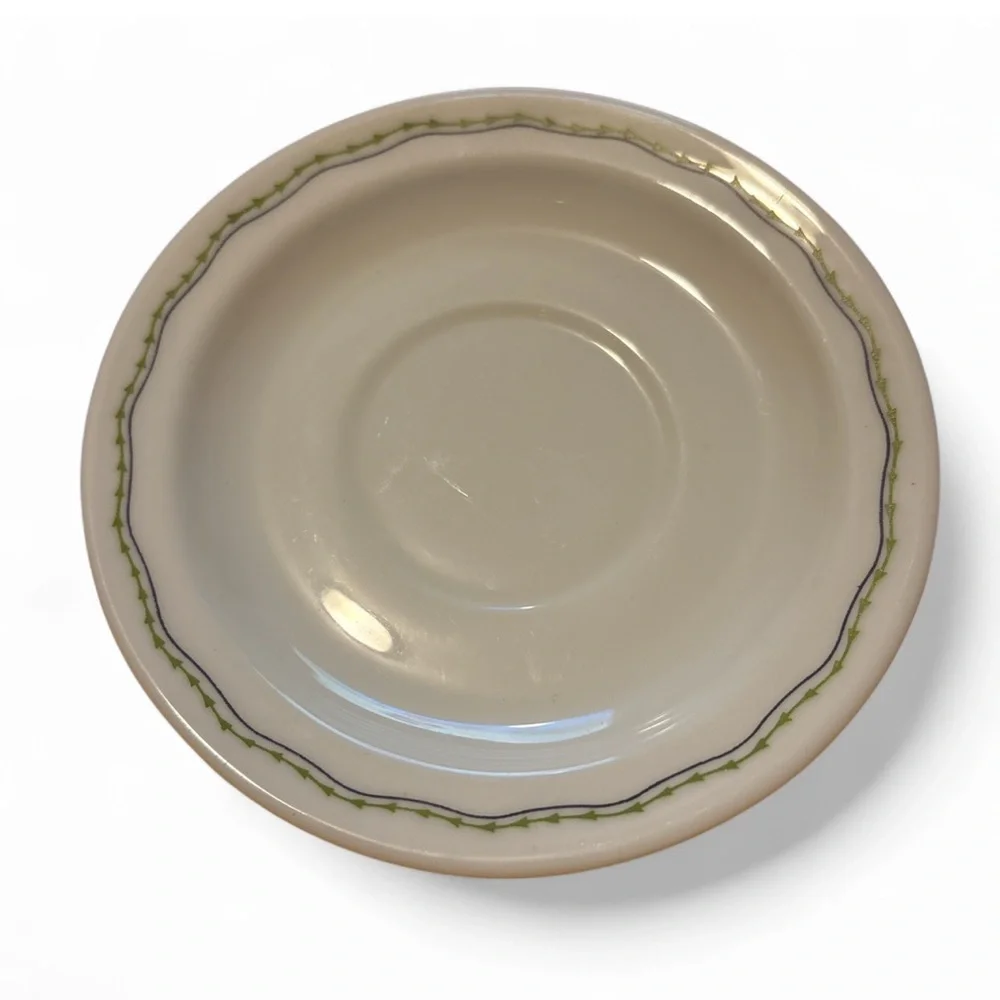 RARE 3 Pyrex England Green Arrow Stitch Border Teacup Saucer 7” Vintage English - Picture 2 of 3